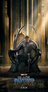 A poster advertising Blank Panther shows the main character seated on a throne in a large hall.