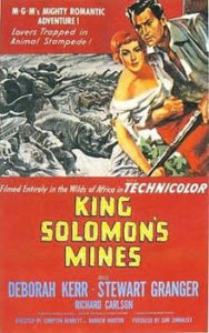 The image is the movie poster promoting King Solomon's Mines. It shows two lead characters in color in front of a black and white image of rhinoceros. 