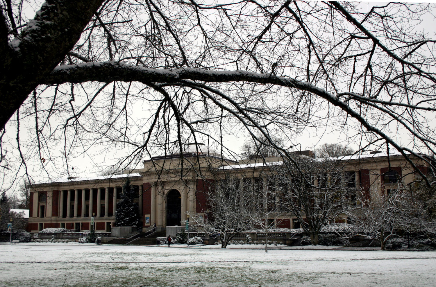 An image shows the memorial union building at OSU covered in snow.