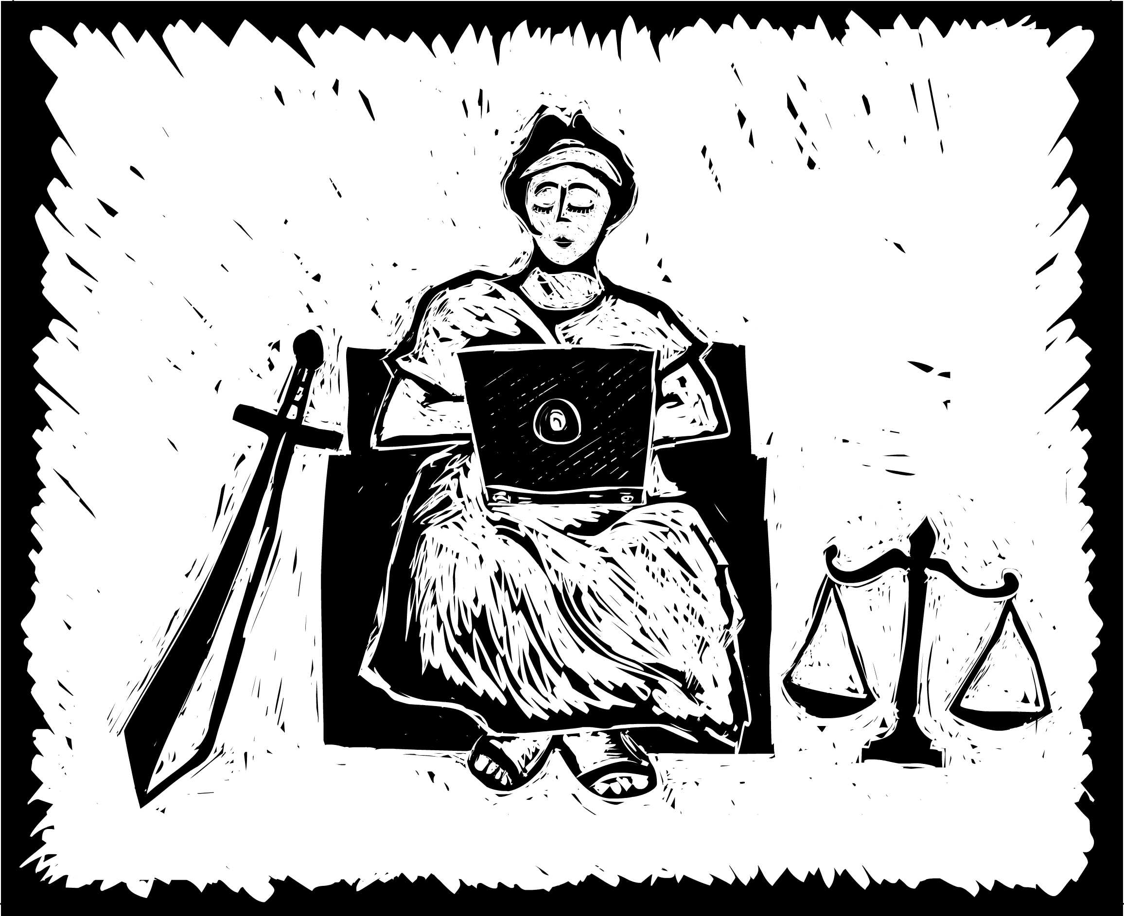 This image depicts lady justice sitting in a chair with a laptop on her lap. A sword appears to her left and the set of scales appear to her right. The image is in the style of a woodcut.