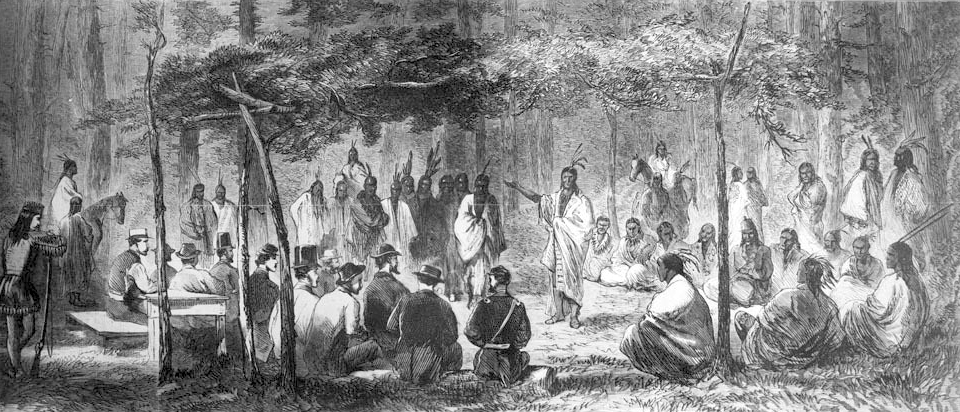This drawing by J. Howland, originally printed in Harper's Weekly, depicts the council between representatives of the U.S. government and the Kiowa and Comanche tribes at Medicine Creek Lodge, Kansas, in 1867.