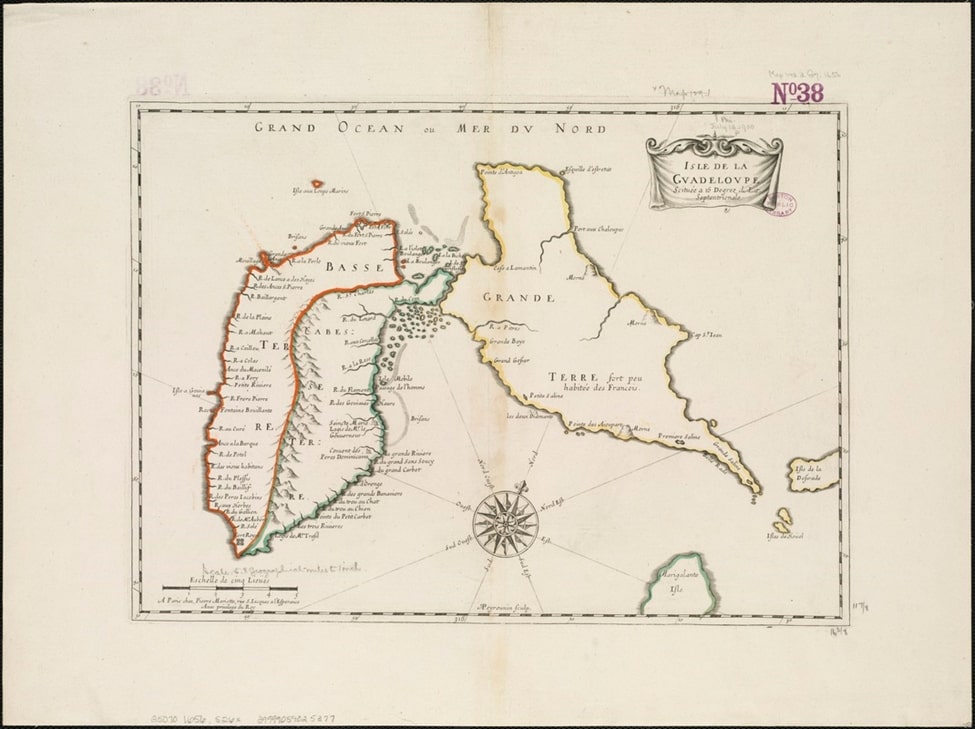 This map of the island of Guadeloupe also has many details on the westward portion and few on the eastern.