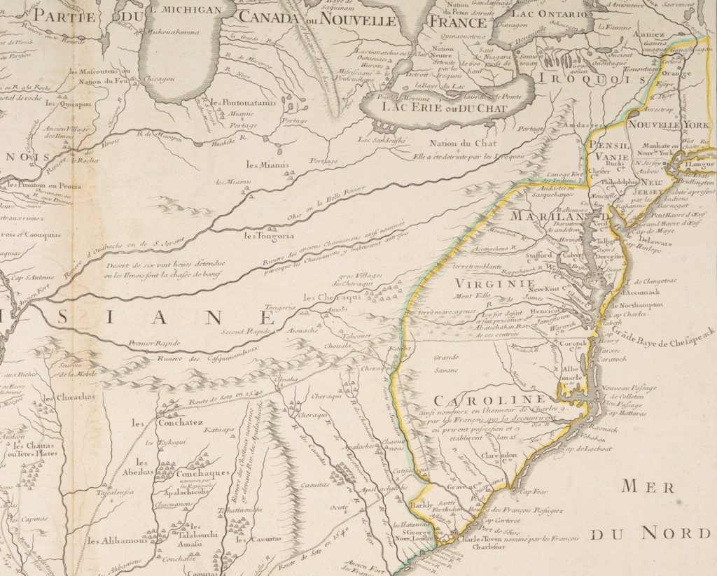 The English claims to North America are outlined in yellow and limited by the Appalachian Mountains in this section of the map.