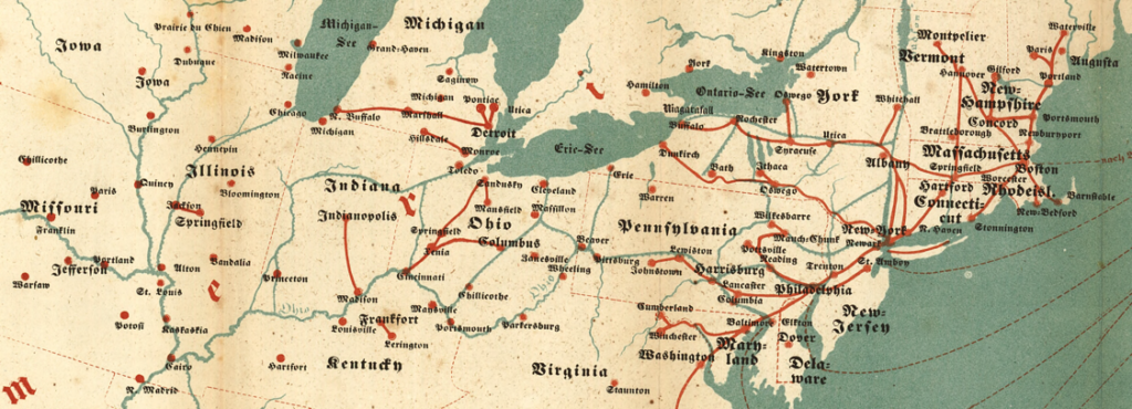 Dense networks of red and blue lines show how cities in the Northeast and Midwest are connected by railways and canals.