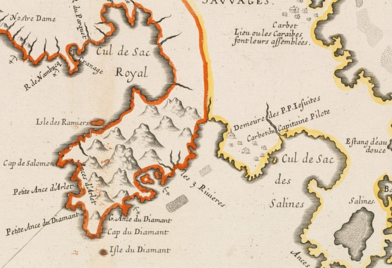 This close look at the map of Martinique shows a coastline labelled with French names.