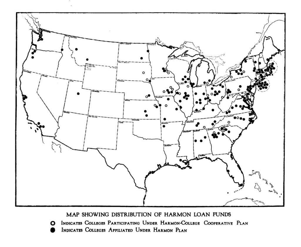 The map shows the United States of America. The colleges participating in the Harmon Foundation scheme are located primarily on the East Coast and in the Midwest. The caption in the image reads "map showing distribution of Harmon loan funds."