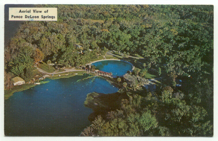Green trees surround a deep blue lake. The text reads, "Aerial View of Ponce DeLeon Springs."