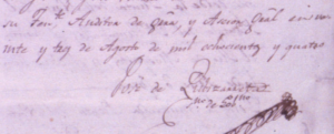 This detail from the letter displays Jose de Pubizarreta's signature and the final two lines of his letter. Importantly, it displays the contraction that Antonio mentions in the text.
