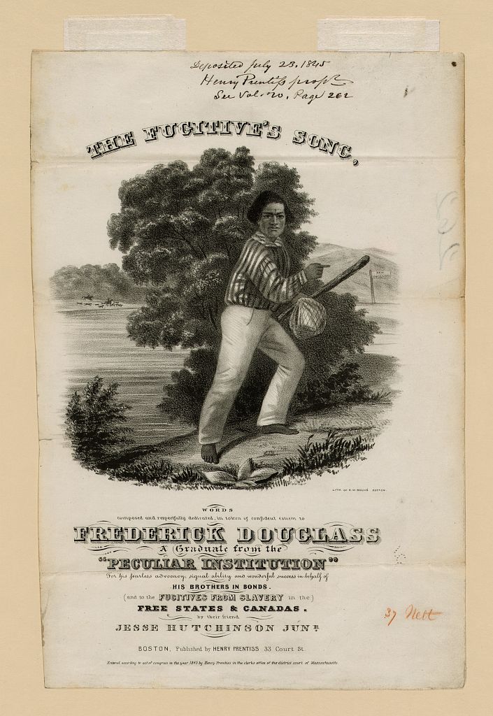 A illustration from a book of sheet music. The image features Frederick Douglas escaping to freedom. with a walking stick and bundle of clothing in hand. He looks defiantly out at the viewer, and points towards a sign directing him to New England. 