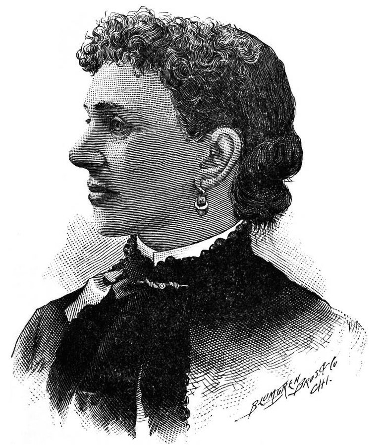 Illustrated profile portrait of Leonora Barry. She wears a dark high-necked dress and earrings.