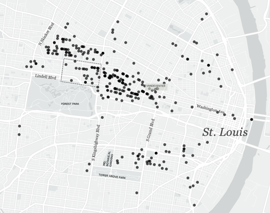 A map of St. Louis, with dots representing NAM members' residences. Many are concentrated on the upper left.