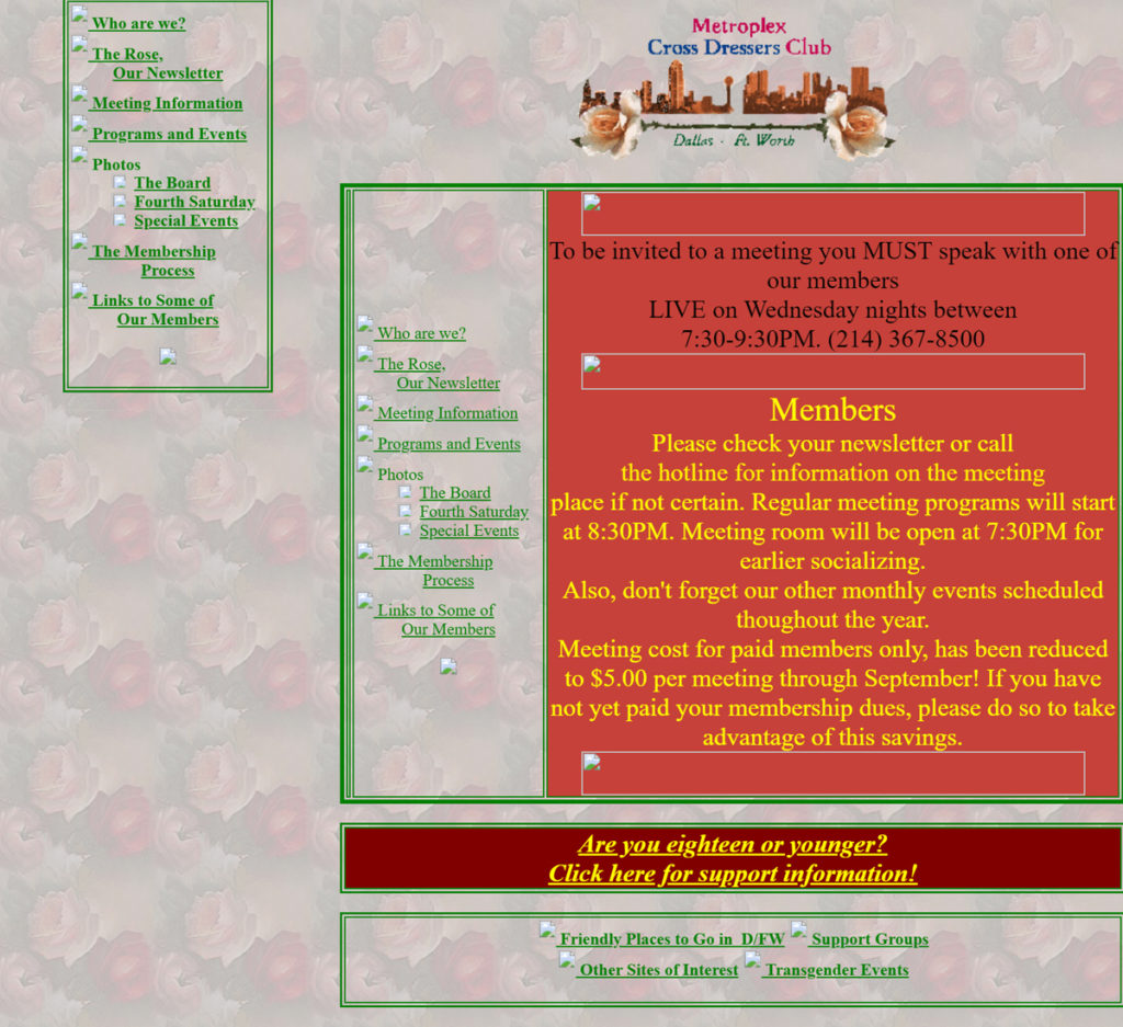 Image of an old archived website with contact information, meeting schedule, and informational links. A pixelated image of the Dallas Ft. Worth skyline appears at the top of the page. 