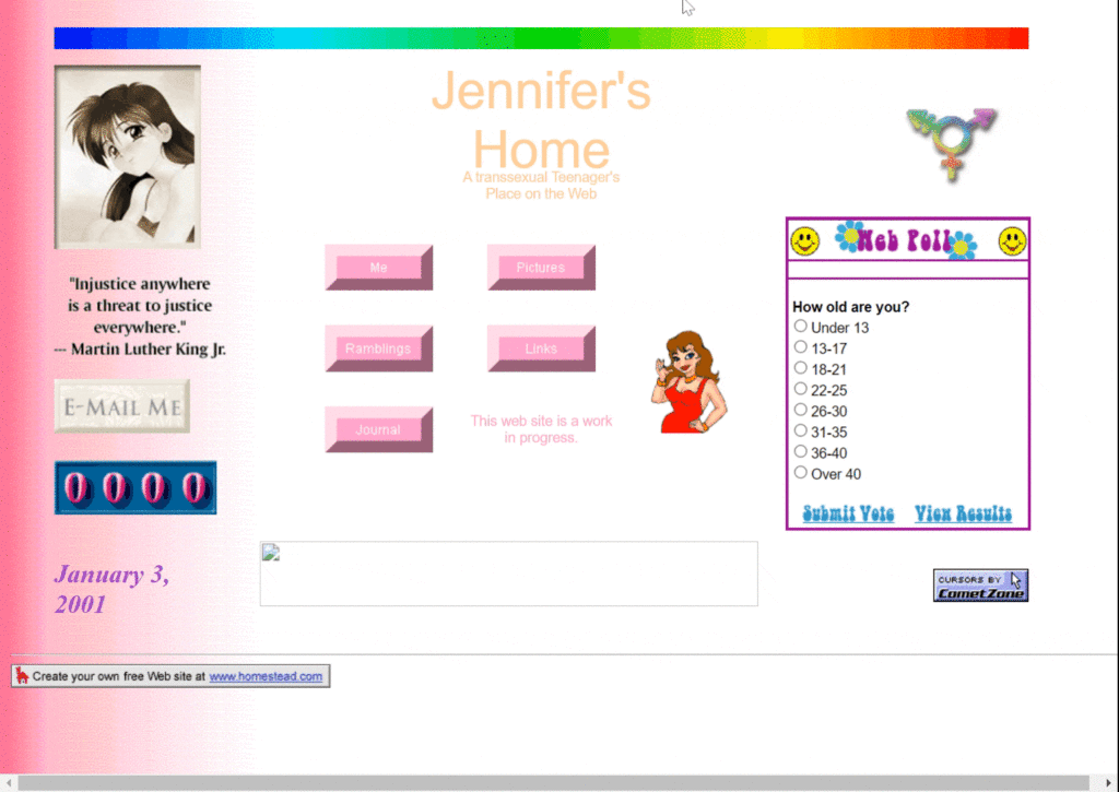 An old homepage with colorful imagery, rainbow header, male, female, and trans symbols. The profile picture features a fem. anime figure.