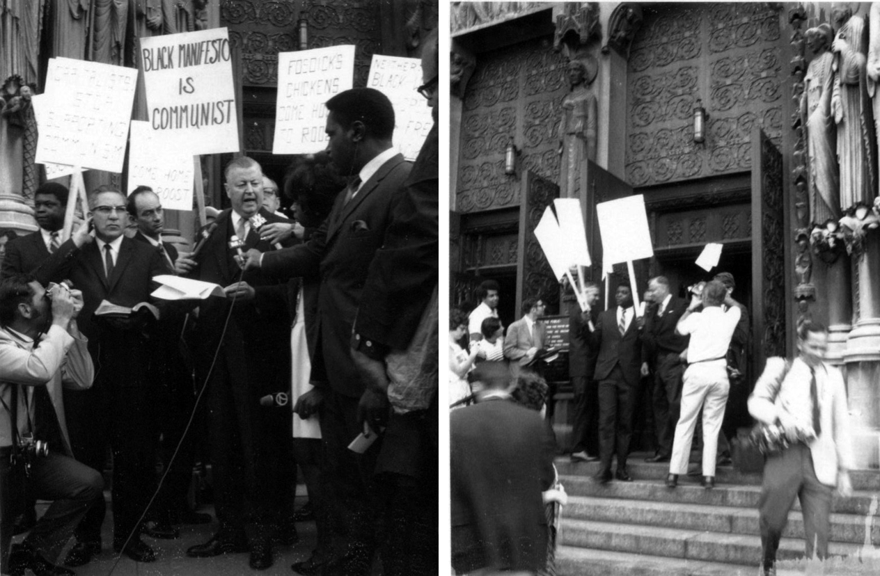 A pair of black and white photos. on the left, Carl McIntire, a older man, reads the Christian Manifesto outside Riverside Church in New York City on September 14, 1969. He is surrounded by people holding protest signs. On the right, McIntire leaves Riverside Church, where the Christian Manifesto hangs above the doorway. 