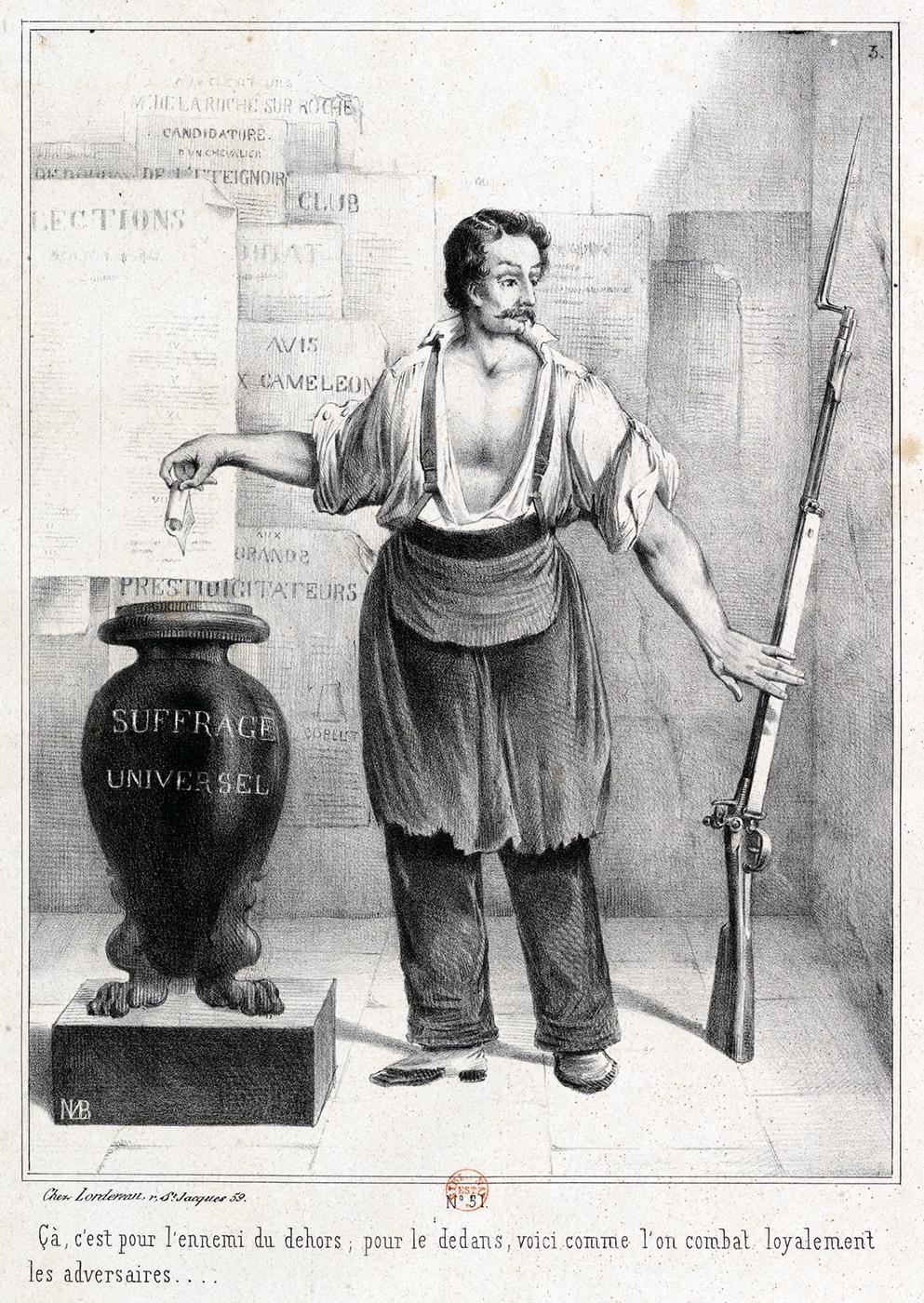 Drawing of a worker who is setting down a gun in favor of placing a vote into an urn labeled "Suffrage universe; [universal suffrage]"